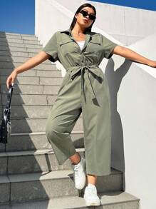 SHEIN EZwear 大码休闲简约军绿色工装连体裤