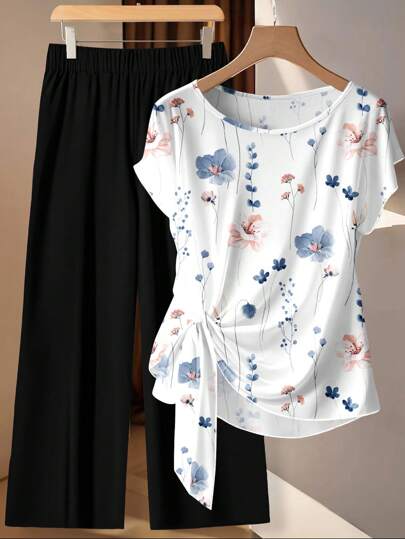 EMERY ROSE Conjunto de 2 piezas de top con manga murciélago y pantalones con estampado floral azul y blanco para mujer talla grande, atuendo para eventos y fiestas para damas elegantes