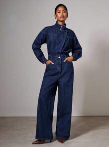 COSMINA 女士休闲日常外出立领牛仔连体裤 - 深色水洗藍 - 查看 5