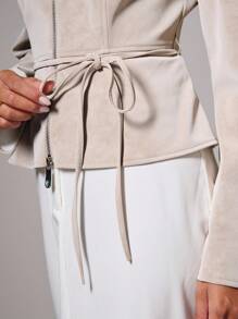 COSMINA Áo khoác lửng thắt lưng da lộn thời trang thu thường ngày cho nữ - Màu Khaki - Xem 8