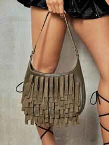 SHECARRY Ladies, Women Shoulder Bag, Hobo Bag, Tassels, Fashionable, Personalized, Simple, Versatile, Street, Sweet And Cool Girls, Hot Girls, Y2k, Retro, Vintage - Army Green - View 6