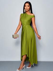 Vestido largo de punto elástico morado cómodo con detalles recogidos, cuello asimétrico y bajo asimétrico con abertura, para fiesta y ocasiones elegantes en primavera y verano - Verde - Ver 8