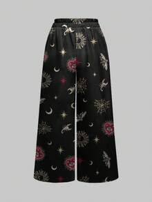 ROMWE Goth Luxurious Palace Style Dark Hearth Scorpion Star Sequin Spider Web Full Print Women's Wide Leg Pants - Black - View 2