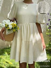 SHEIN EZwear Fall Clothes  Casual Bubble Skirt Solid Color Lantern Sleeve Dress - White - View 7