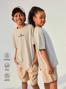 SHEIN 返校休闲户外运动短袖T恤，儿童圆领趣味数字印花户外休闲运动短袖T恤 - 杏色 - 查看 1