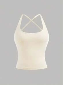 Girlism TEENGIRL Apricot Simple Hollow Back Sports Tank Top, Collegiate Tank Top, Solid Color Tank Top Tank Top With Built In Bra Criss Cross Back Tank Top Built In Bra Tank Top Cross Back Tank Top Tank Top Criss Cross Straps Crisscross Tank Top - Apricot - View 2