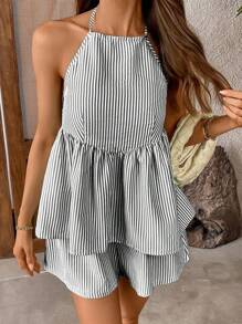 INAWLY Bộ 2 món áo hai dây hở lưng dệt sọc spaghetti nhiều lớp hở lưng có dây rút và quần short cạp chun thoải mái cho nữ, kích thước tiêu chuẩn mùa hè - màu đen - Xem 5