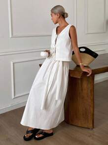 DAZY 2 件套女士纯色修身系带 V 领无袖背心和伞裙休闲度假套装，秋季 - 白色 - 查看 6