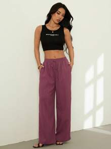 SHEIN PETITE 女士休闲纯色纹理面料抽绳腰斜口袋阔腿宽松裤 - Bold Plum - 查看 4
