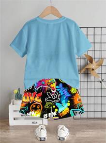 SHEIN 2pcs/Set Young Boy Casual Simple Round Neck Short Sleeve T-Shirt And Shorts Set, Suitable For Summer