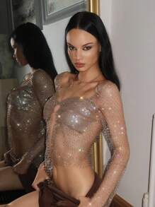 EgrlEra 女士水钻渔网短款上衣，适合酒吧、派对、音乐节 - 棕色 - 查看 1