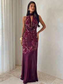 Aloruh 女士派对连衣裙、约会连衣裙、下午茶连衣裙、酒红色、栗色、梅红色、垂坠领结连衣裙、亮片连衣裙、女士超长连衣裙 连衣裙 女士秋季女装 女士秋季连衣裙 优雅女士连衣裙 - 紫紅色 - 查看 5