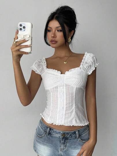 Aloruh Damskjorta med kort ärm och puff, vit blus med vintage-spetsdetaljer, Fairy Grunge-motiv