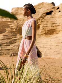 Lumivelle Robe midi fendue à volants et à col en V style pastoral fleuri pour femmes - Multicolore - Voir 8