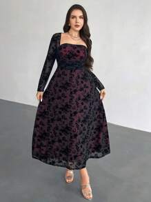 Firerie فستان طويل أنيق للنساء ذوات الحجم الكبير مزين بالشبك المخمل، فستان طويل أنيق بأكمام طويلة وياقة مربعة/فستان ضيق مطوي بخصر متباين باللونين الأحمر والأسود/فستان طويل بأكمام طويلة للنساء ذوات الحجم الكبير/فستان أنيق للمعلمات