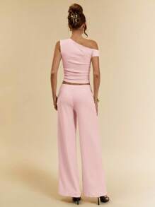 SHEIN BAE 2 chiếc áo len dệt kim bất đối xứng màu cà phê mùa hè cho nữ và quần ống rộng túi dệt kim thoải mái, phù hợp cho các buổi đi chơi thời trang, kỳ nghỉ ở bãi biển, kỳ nghỉ ở Ý, đi chơi, trang phục du ngoạn, trang phục ăn trưa, trang phục Ibiza, bộ mùa hè - Màu Hồng  San hô - Xem 2