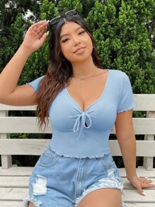 SHEIN EZwear Women Plus Size Waffle V-Neck Tied Front Bow Cropped T-Shirt, Solid Color For Summer - Baby Blue - View 4