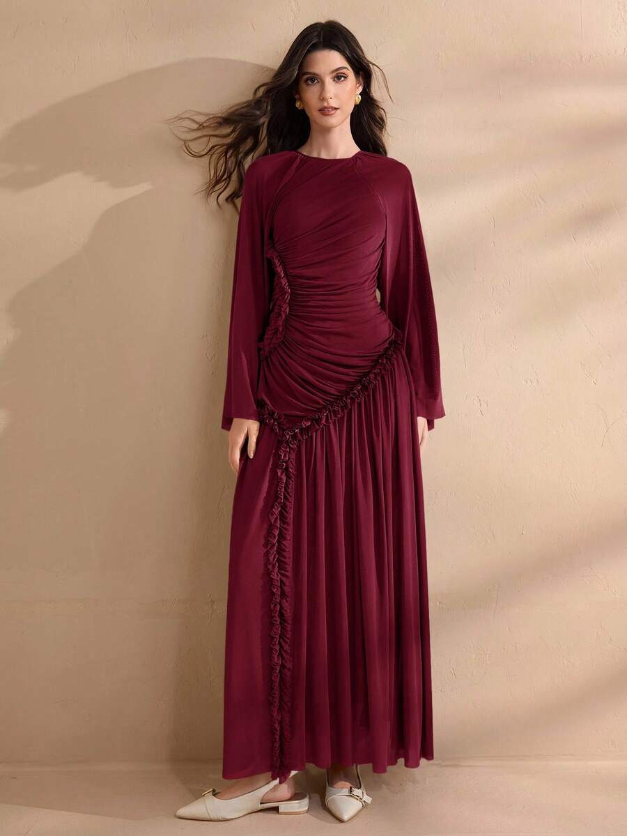 Graceveil Women's Ultra Long Spring & Summer Mesh Knit Ruffle Hem Split Modest Elegant Charming Fashion Dress - Burgundy - View 1
