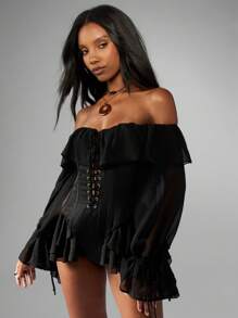 MISSGUIDED 露肩挤奶女工紧身衣束腰长袖荷叶边装饰节日文艺复兴服装哥特式正式场合服装秋冬 - 黑色 - 查看 5