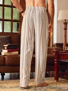 Manfinity 男士条纹阔腿宽松休闲裤、家居服下装 - 卡其色 - 查看 6