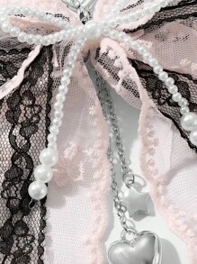 ROMWE Kawaii 1pc Retro Handmade Beaded White Pearl, Pink & Black Lace Bow, Layered Chain With CCB Heart & Star DIY Keychain/Bag Charm, Stylish & Elegant, Suitable For Women/Girls, Great Gift - Multicolor - View 6