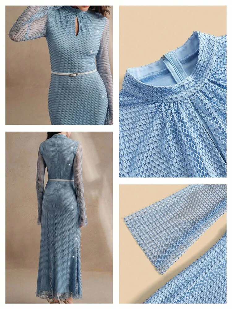 Women's Rhinestone Laser Cut Waist Mermaid Hem Sleeveless Dress