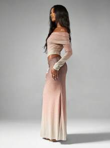 MISSGUIDED 闪光渐变色巴铎套装，搭配长袖短款上衣和超长裙，适合节日晚会、婚礼宾客服装 - 棕色 - 查看 4