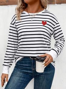 EMERY ROSE 加大码圆领长袖条纹休闲百搭T恤，秋冬图案T恤女式春季上衣