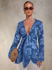 COSMINA Fall Women Clothes Floral Print Turndown Collar Long Sleeve Knotted Front Deep V Blouse,Shirts Gor Women - Blue - View 1