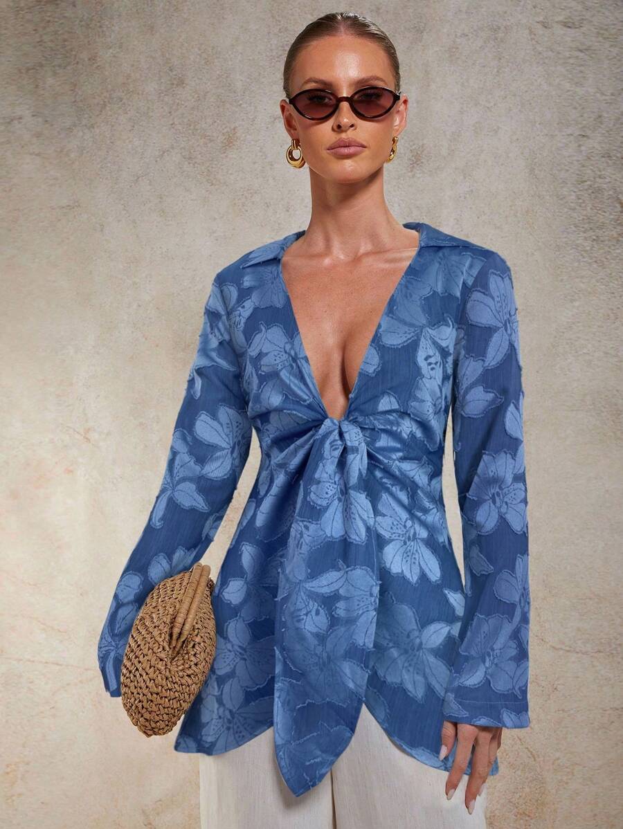 COSMINA Fall Women Clothes Floral Print Turndown Collar Long Sleeve Knotted Front Deep V Blouse,Shirts Gor Women - Blue - View 1