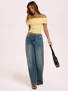 SHEIN BAE Summer Casual Solid Color Knitted Top,Cute,Streetwear,Basic Tops,Knit Sweater,Back To School,Off The Shoulder Sweater,Cute Sweater,Cropped Sweater,Fall For Women,Fall Sweaters,Off The Shoulder Sweater,Off Shoulder Sweater,Fall For Women,Fall Sweaters,Fall Women,Halloween Sweater - Yellow - View 6
