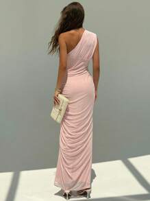 Aloruh Women Summer Elegant Solid Color Ruched Sleeveless Dress - Pink - View 2