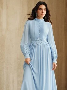 Anewsta Elegant French Style Patchwork Embroidered Lace Design Blue Dress For Women - Blue - View 6