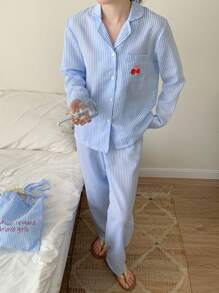 青少年女孩简约时尚休闲浅蓝色开衫和条纹刺绣长袖上衣配裤子睡衣套装蓝色条纹睡衣套装可爱睡衣套装纽扣睡衣套装浅蓝色睡衣女士睡衣套装 - 淺藍色 - 查看 7
