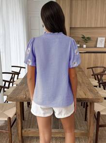 Breezaya Vacation Casual Striped Floral Embroidery Notched Neck Shirt - Blue and White - View 2