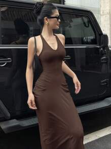 Strévra Women V-Neck Bodycon Maxi Wrap Dress