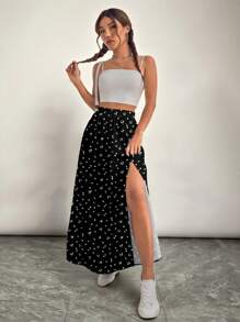 SHEIN VCAY Elegant Pleated Plus Size Maxi Skirt With Split Thigh For Summer Casual Looks Long Floral Skirt Long Skirt With Slit,Holiday Outfits For Women Fall Clothes Chic Dress