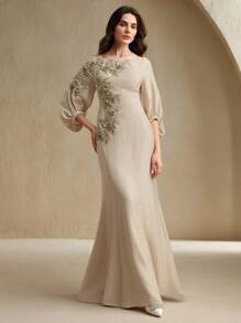 Anewsta Off-Shoulder Embroidered Linen Dress For Women - Apricot - View 5