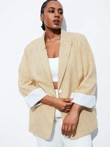 Maija 大码女式条纹长袖拼布翻领西装外套，优雅时尚性感，适合音乐节和日常外出。搭配无袖背心和条纹裤，适合商务通勤、办公室穿着，复古风格，适合女士商务休闲装、教师装、女士工作服、秋冬婚礼宾客礼服。 - 黃色 - 查看 5