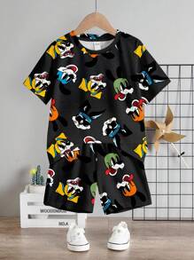 SHEIN 2pcs/Set Young Boy Casual Simple Round Neck Short Sleeve Shorts Set, Suitable For Summer - White - View 3