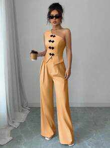 Chiquease 2件套优雅法式斜肩中式图案纽扣装饰套装，适合女士 - 黃色 - 查看 3