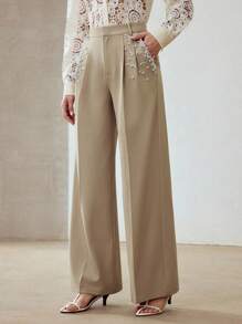 MOTF PREMIUM FAUX PEARL DETAIL PRESS CREASE SUIT PANTS - Khaki - View 5