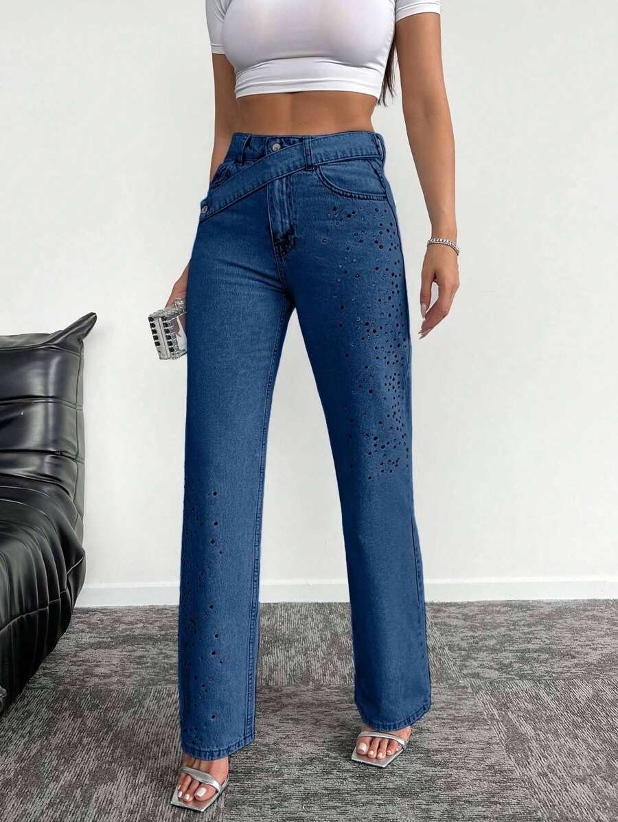 EURMUSE Women's Casual Washed Rhinestone Straight Leg Jeans - Dusty Blue - View 1
