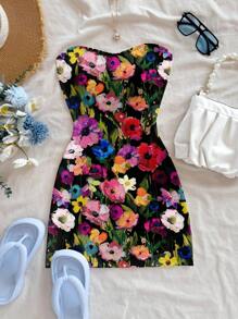 Soleia 彩色花卉绘画图案女士迷你连衣裙，适合夏季海滩，复古风格，休闲度假风格，性感风格，可爱的 Y2K Coconutgirl 波西米亚度假，波西米亚风，音乐节 - 彩色 - 查看 3