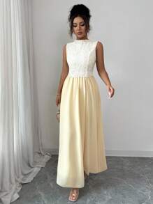 Selianne Vestido Elegante Feminino de Renda Contrastante sem Mangas, Adequado para Casamento, Aniversário, Outono - Damasco - Visão 5