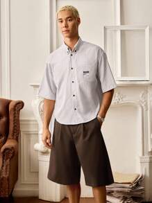 SWAVVY 2pcs Men's Woven Fashionable Casual Loose Fit Short Sleeve Shirt And Elasticated Waist Straight Leg Shorts Set