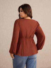 Elaquor 大码休闲度假纯色镂空刺绣拼布灯笼袖衬衫 - 鏽棕色 - 查看 2