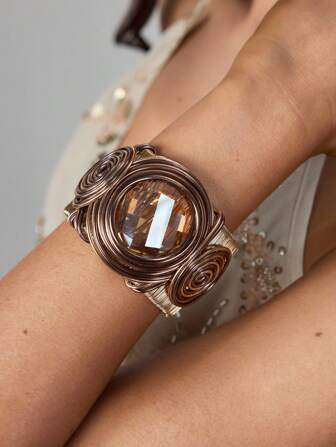 Hippie 1pc Punk Rock Style Brown Crystal Inlaid Metal Wire Open Cuff Bracelet, Y2K Retro High-End Personalized Braided Multi-Spiral Metal Chain Bracelet, Versatile High-End Creative Cool Fashion Bracelet