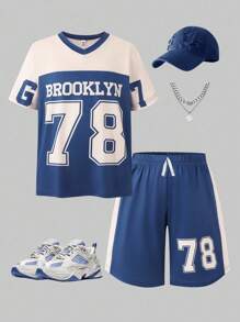 2pcs/Set Tween Boy Vintage American Style Contrast Color Block Numeral Print T-Shirt And Shorts Set - Royal Blue - View 3