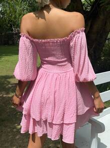 Sunnyshic 女士夏季纯色纹理泡泡袖露肩束腰连衣裙 - 粉色 - 查看 2